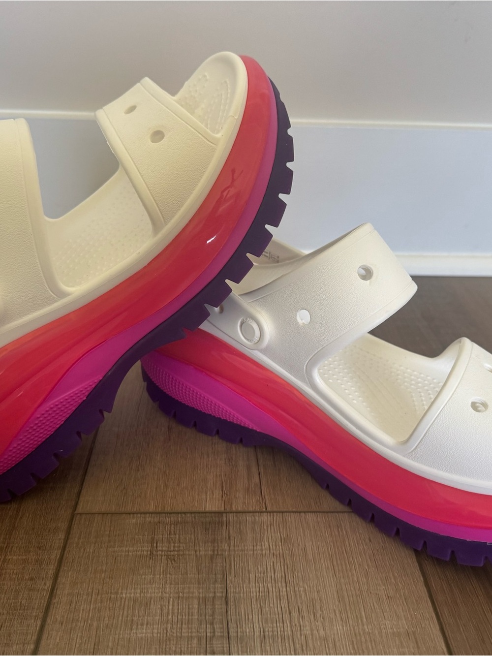 CROCS White Platform Mules with Pink and Purple Gradient Sole